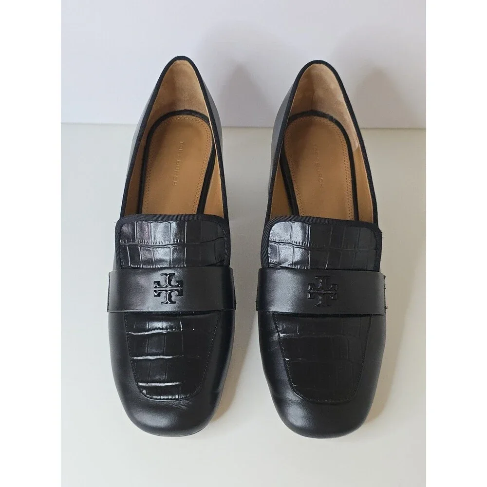 Tory Burch Everly Block Heel Loafers Womens 10 Black Leather Croc Embossed Logo